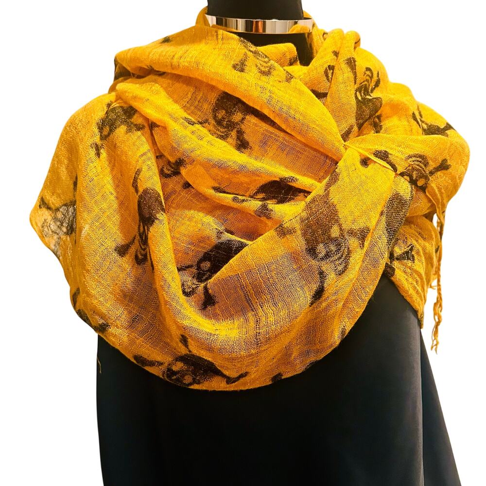 Liss Kiss Crossbones Print Scarf Mustard Yellow Large Lightweight Fringe - Picture 2 of 12